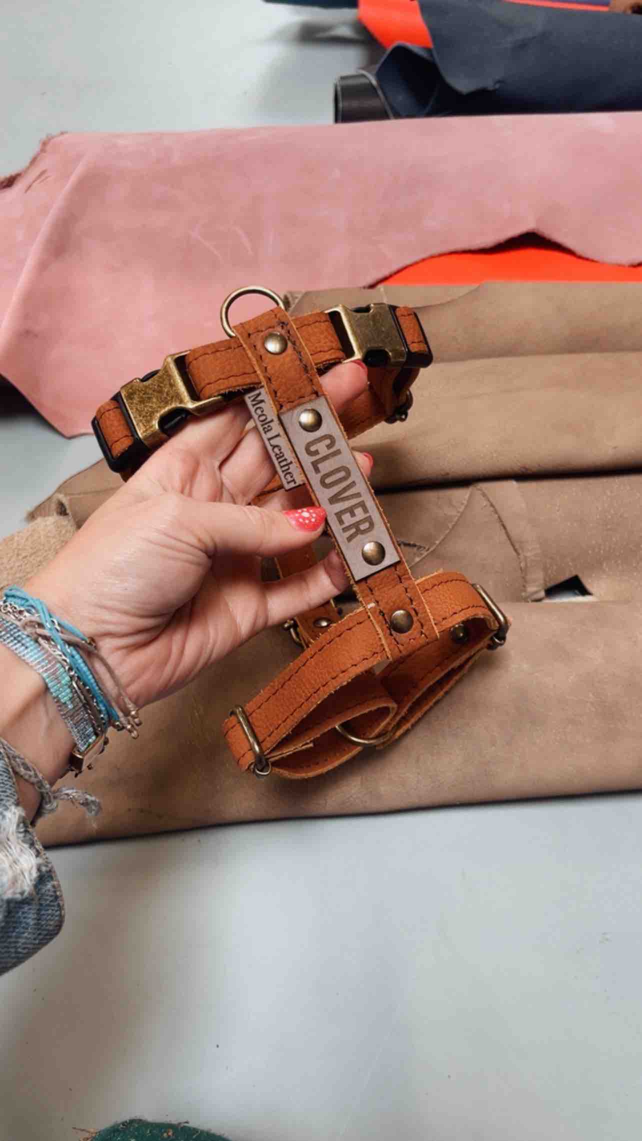 handgemaakt leren y tuig hond op maat cognac  met gepersonaliseerd