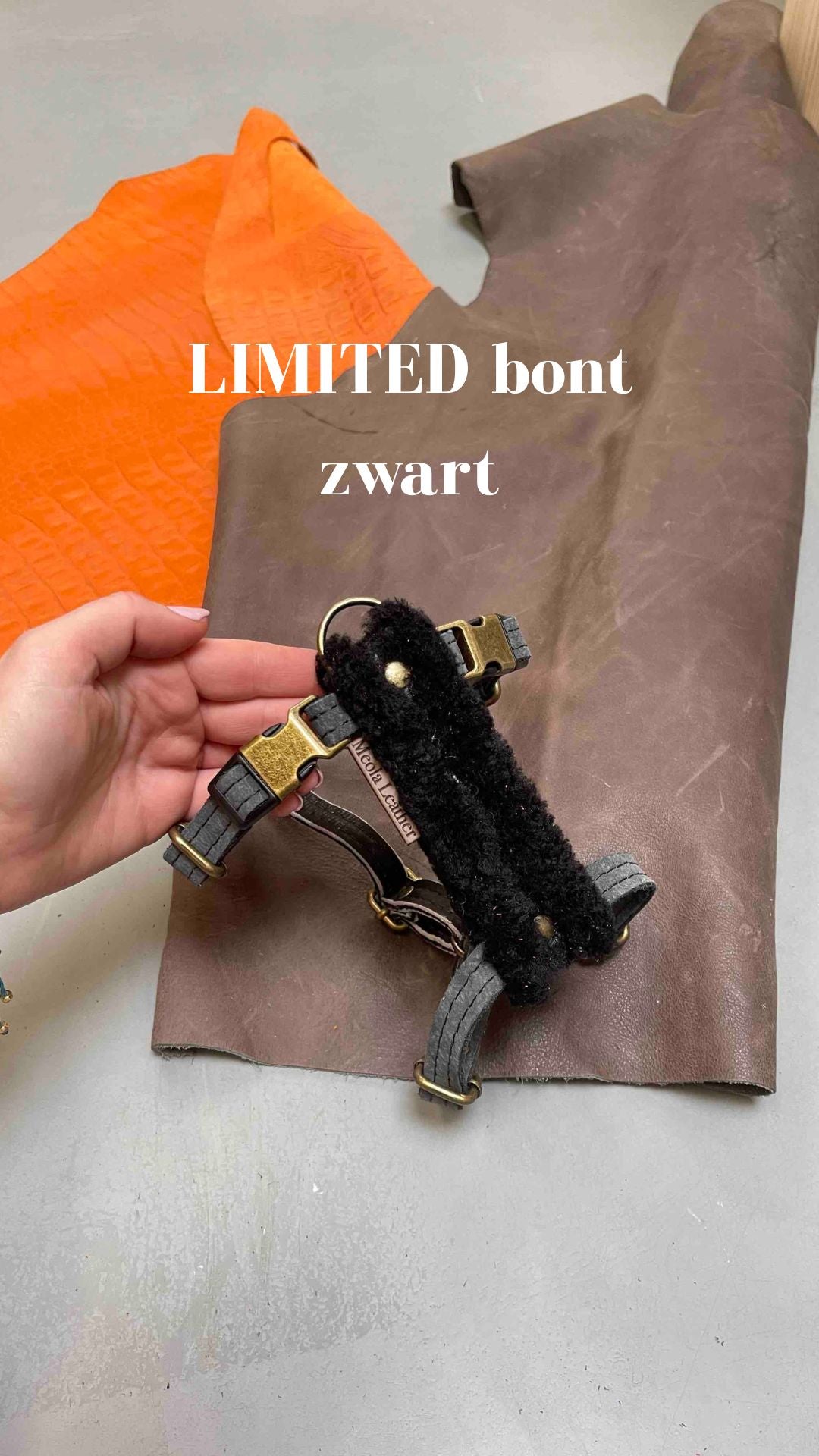 handgemaakt wintertuig leren y tuig hond perfect passend tuig doodle teckel gepersonaliseerd naam XL bont limited zwart 