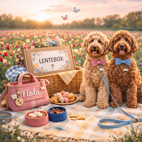 lente box honden kleedje naam gepersonaliseerd leer strik tas snacktas
