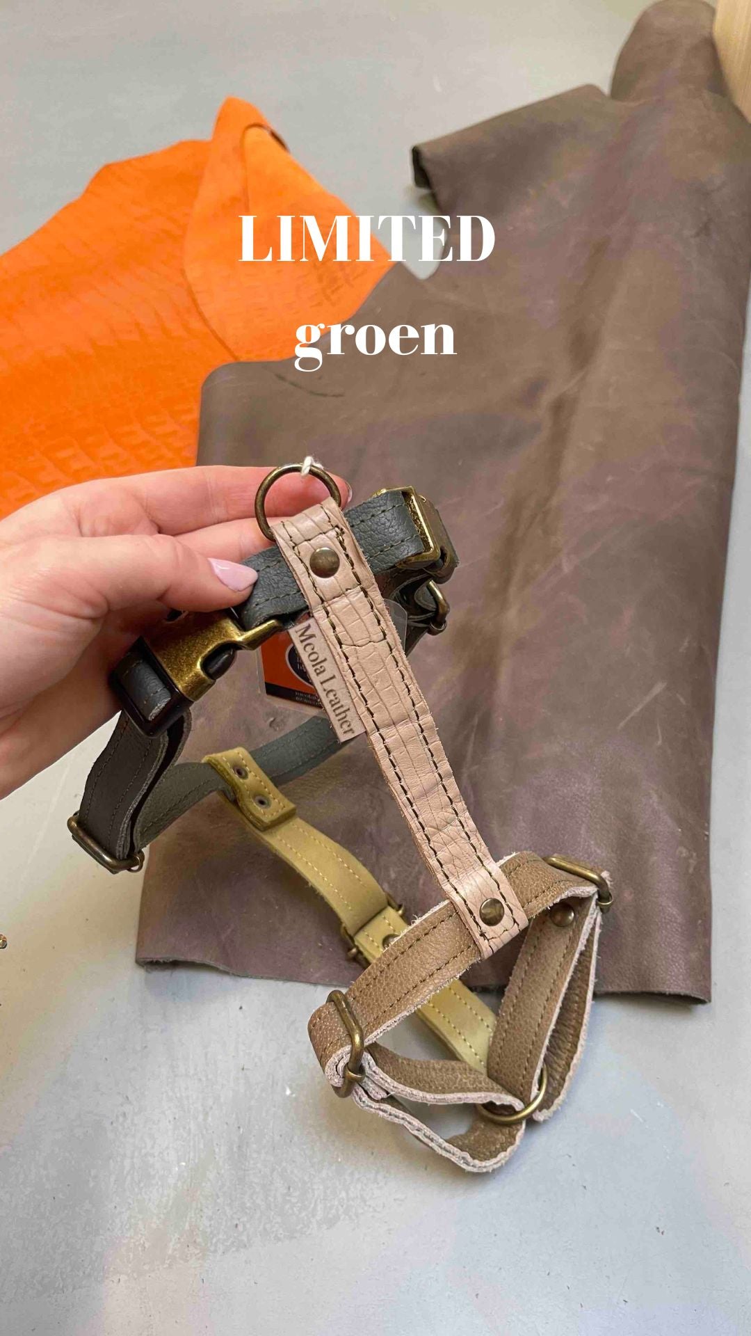 limited edition leren handgemaakt y tuig groen beige gepersonaliseerd